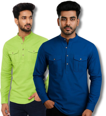 RAREMARK Men Solid Straight Kurta(Light Green, Dark Blue)