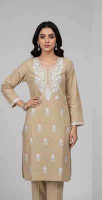 VELORA Women Embroidered A-line Kurta(Beige)