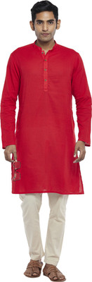 Indus Route by Pantaloons Men Self Design Straight Kurta(Red)