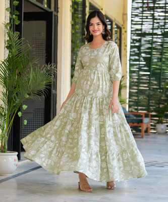 CHARVI CREATION Women Printed, Embroidered Flared Kurta(Green)