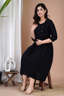 Prangan By Kalaai Women Embroidered Flared Kurta(Black)