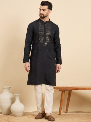 House of Pataudi Men Embellished Straight Kurta(Black)