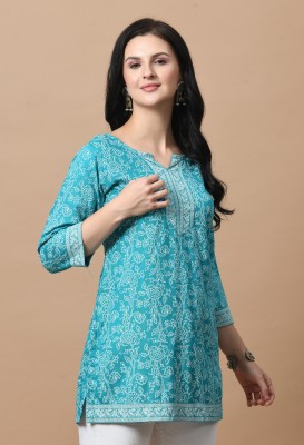 Shortkurti Women Printed Straight Kurta(Light Blue)