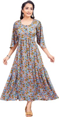 jya Women Floral Print Anarkali Kurta(Grey)