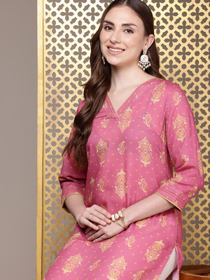 House Of Pataudi Women Embroidered Polyester Straight Kurta  (Pink) For Rs. 374 @ 85 %