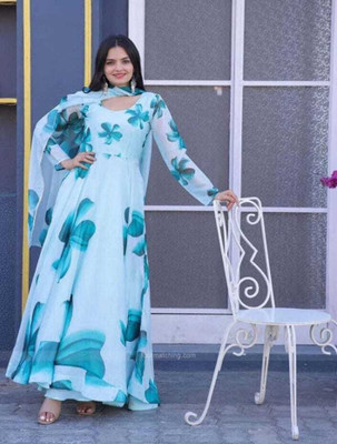 MITVAENTERPRISE Women Floral Print Gown Kurta(Light Blue)