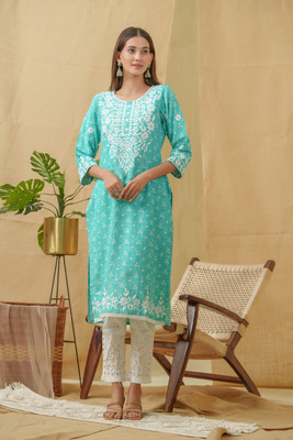 Sangria Women Embroidered Straight Kurta(Light Green)