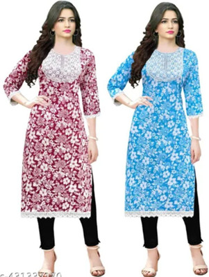 GS Attire Women Embroidered Straight Kurta(Blue, Maroon)
