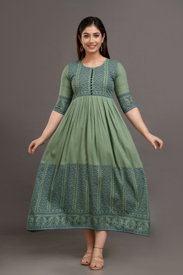 CLOTHING HOUSE Women Printed Flared Kurta(Green)
