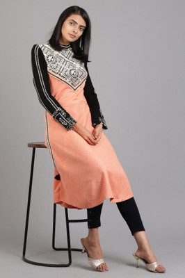 W Women Self Design Straight Kurta(Orange, Black)