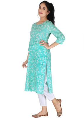 HouseOfCommon Women Floral Print Straight Kurta(Light Blue)