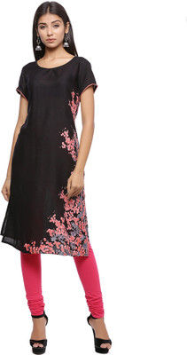 Cloth Stories Women Floral Print Straight Kurta(Black)