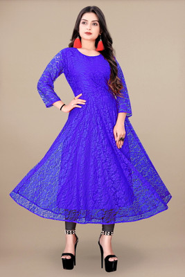 URUFASHIONMART Women Self Design A-line Kurta(Blue)
