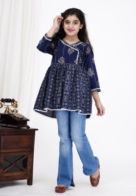 DMP FASHION Girls Floral Print A-line Kurta(Blue)