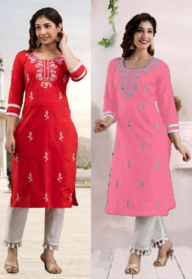 vikshi Women Chikan Embroidery Straight Kurta(Multicolor)