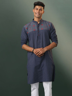 VASTRAMAY Men Printed, Self Design, Striped Straight Kurta(Blue)