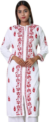 INDICRAFT Women Chikan Embroidery Frontslit Kurta(Red)