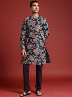 ANOUK Men Floral Print Straight Kurta(Black)