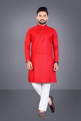 ETHNICSUTRA Men Solid Straight Kurta(Red)