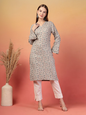 DEIFIC Women Floral Print Straight Kurta(Grey)