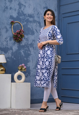 ADHOVASTRAM Women Printed A-line Kurta(Blue)