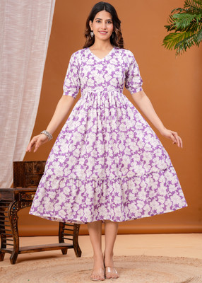 RIBAKLI Women Floral Print Anarkali Kurta(Purple)