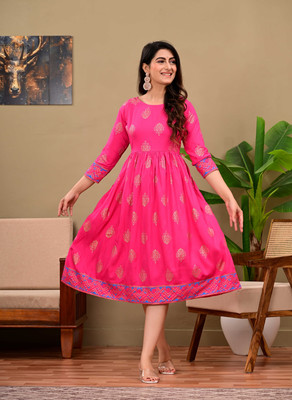 PG Garments Women Printed Anarkali Kurta(Pink)