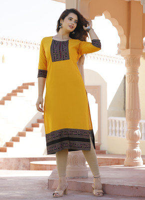 fastal look Women Printed Straight Kurta(Yellow)