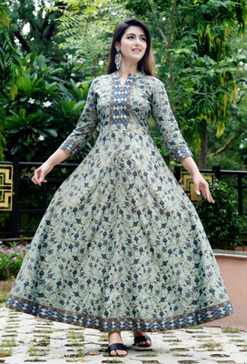 fastal look Women Printed Anarkali Kurta(Grey)