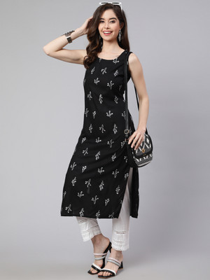 SAK JAIPUR Women Printed Straight Kurta(Black)