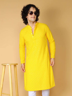 CHIRASVI Men Embellished Straight Kurta(Yellow)