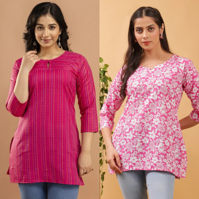 rajab creation Women Printed, Striped A-line Kurta(Pink)