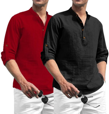 Vimal Star Men Solid Straight Kurta(Red, Black)
