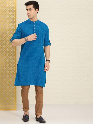 House of Pataudi Men Woven Design Straight Kurta(Blue)