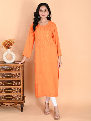 Nazaira Women Chikan Embroidery, Embroidered Straight Kurta(Orange)