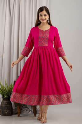 DKM Women Printed Anarkali Kurta(Gold, Blue, Pink)