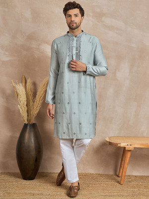 ANOUK Men Geometric Print Straight Kurta(Grey)
