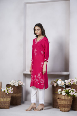 PDFCREATION Women Printed Flared Kurta(Red)