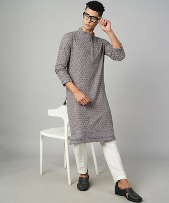 VINAARI Men Embroidered Straight Kurta(Grey)
