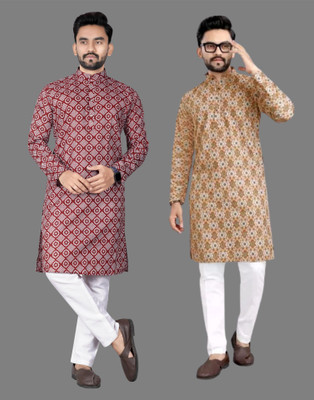 DHASU TRENDZ Men Printed Straight Kurta(Maroon, Beige)