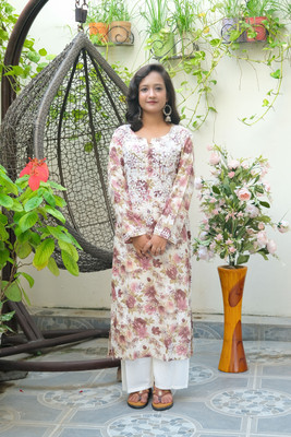 Elegance Hub Women Floral Print, Chikan Embroidery A-line Kurta(Purple)
