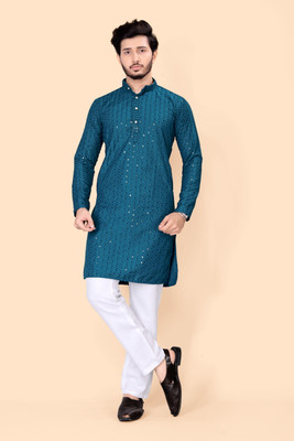 DIAMOND CLUTSER Men Chikan Embroidery Straight Kurta(Blue)