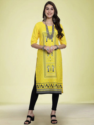 Moda Rapido Men Geometric Print Straight Kurta(Yellow)