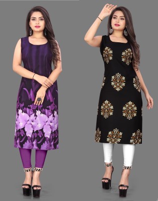 Hiral Creation Women Floral Print Straight Kurta(Purple, Black)