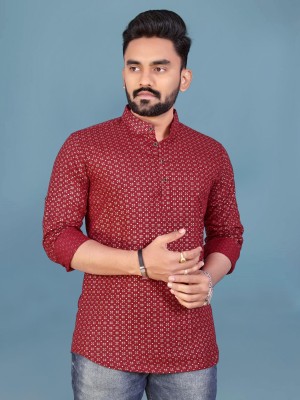 Svatantra Men Printed Straight Kurta(Maroon)