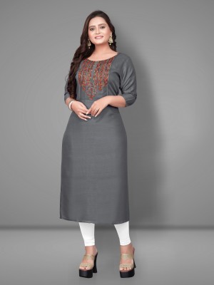 Fabriza Women Embroidered A-line Kurta(Grey)