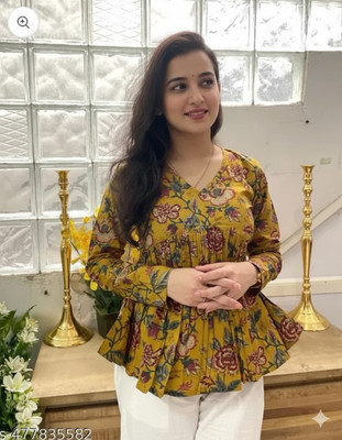 Niona Women Printed Flared Kurta(Yellow)