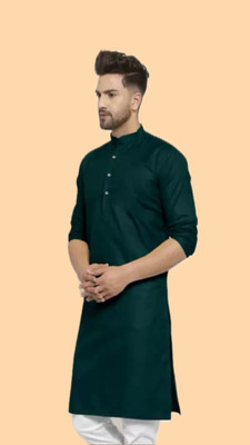 HouseOfCommon Men Solid A-line Kurta(Dark Green)