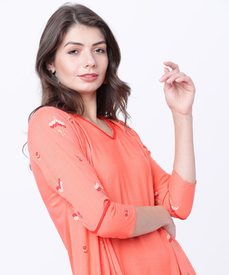 Vishudh Women Solid Straight Kurta(Pink)