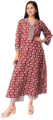 PANCHAKANYA Women Printed Flared Kurta(Maroon)